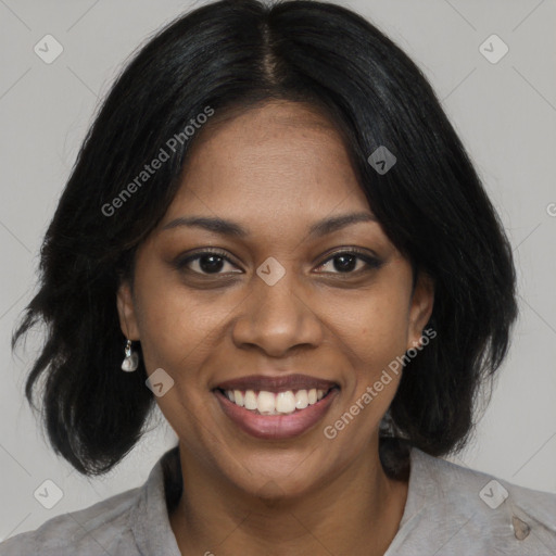 Joyful black young-adult female with medium  black hair and brown eyes