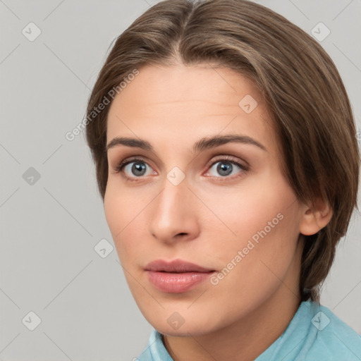 Neutral white young-adult female with medium  brown hair and brown eyes