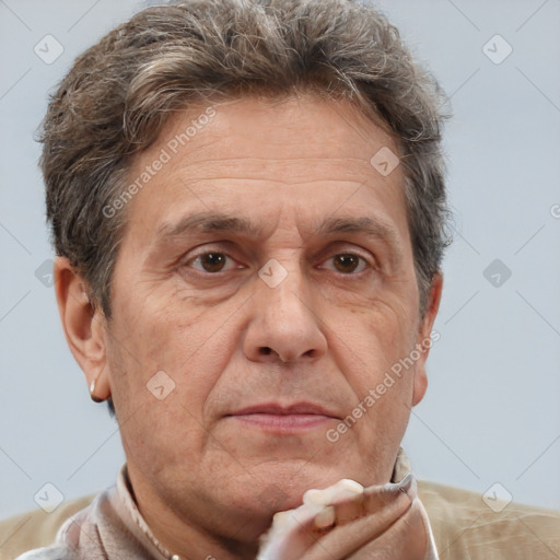 Neutral white middle-aged male with short  brown hair and brown eyes