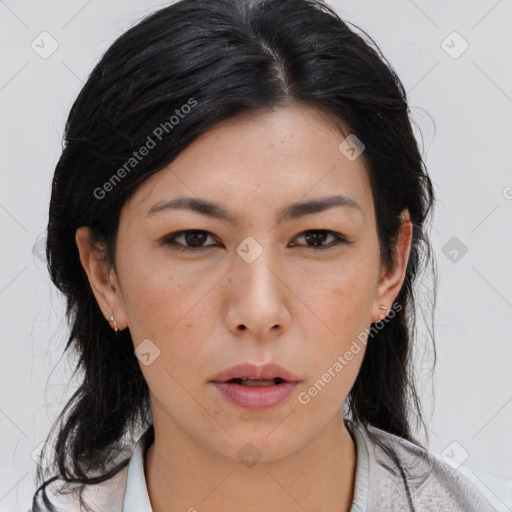 Neutral asian young-adult female with medium  black hair and brown eyes