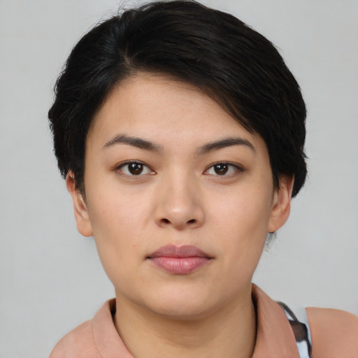 Neutral asian young-adult female with short  brown hair and brown eyes