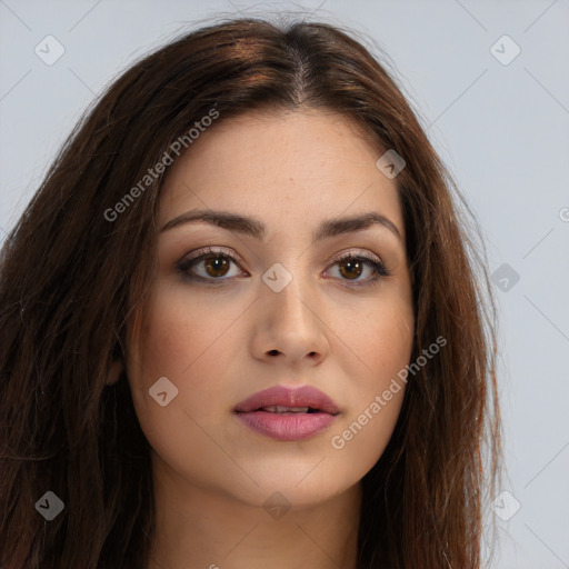 Neutral white young-adult female with long  brown hair and brown eyes