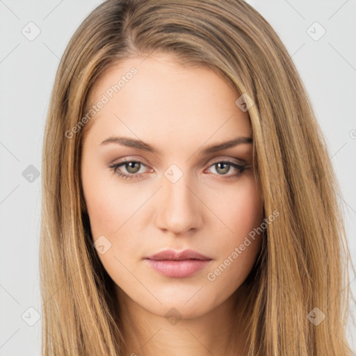 Neutral white young-adult female with long  brown hair and brown eyes