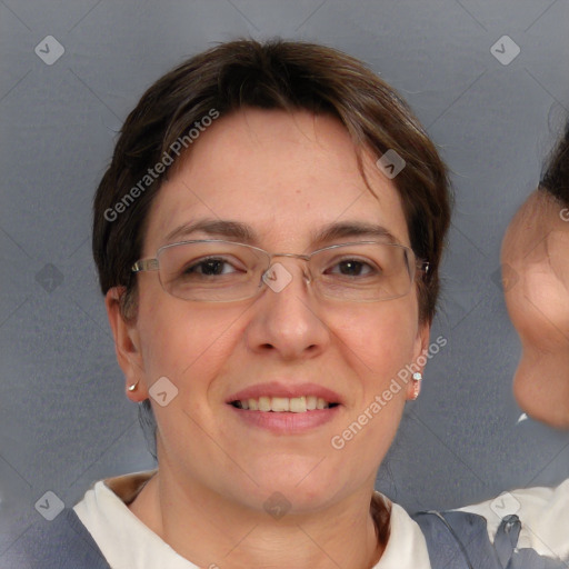 Joyful white adult female with short  brown hair and brown eyes