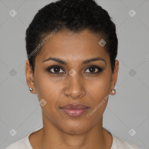 Joyful black young-adult female with short  black hair and brown eyes