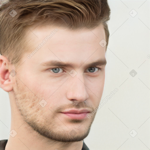 Neutral white young-adult male with short  brown hair and grey eyes