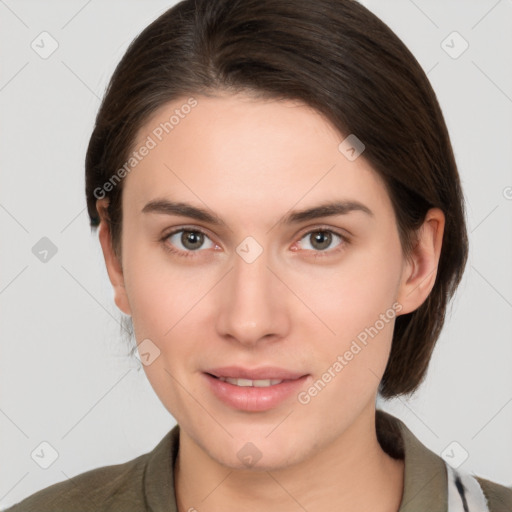 Neutral white young-adult female with medium  brown hair and brown eyes