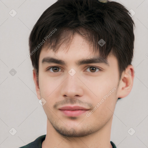 Neutral white young-adult male with short  brown hair and brown eyes