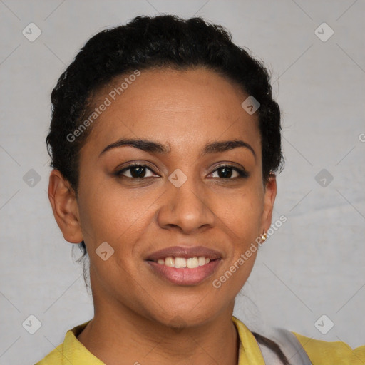 Joyful latino young-adult female with short  brown hair and brown eyes