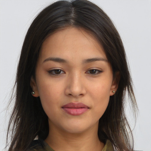 Neutral asian young-adult female with long  brown hair and brown eyes