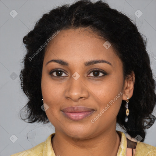 Joyful black young-adult female with medium  brown hair and brown eyes