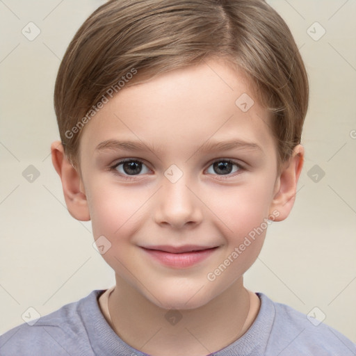 Joyful white child female with short  brown hair and brown eyes