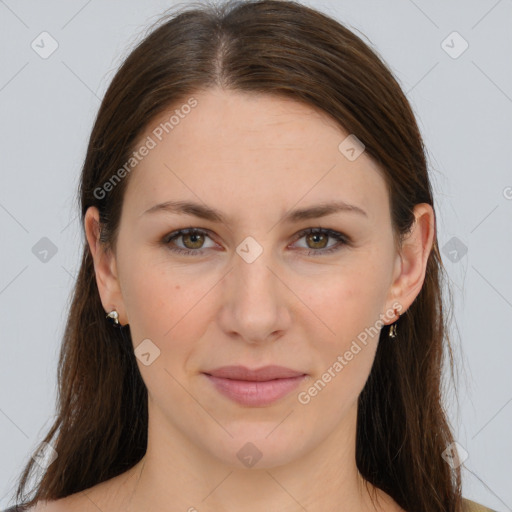 Joyful white young-adult female with long  brown hair and grey eyes