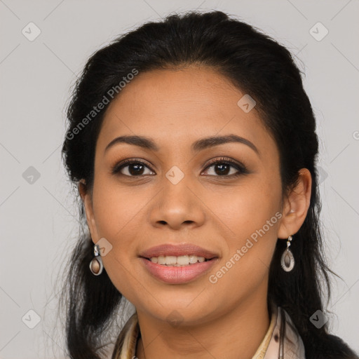 Joyful latino young-adult female with long  brown hair and brown eyes