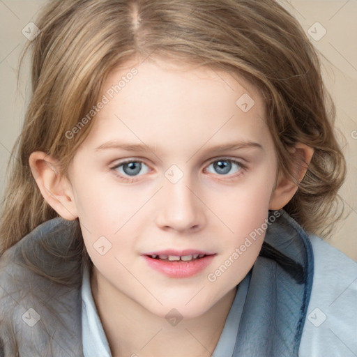 Joyful white child female with medium  brown hair and blue eyes