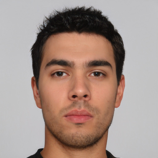 Neutral asian young-adult male with short  black hair and brown eyes