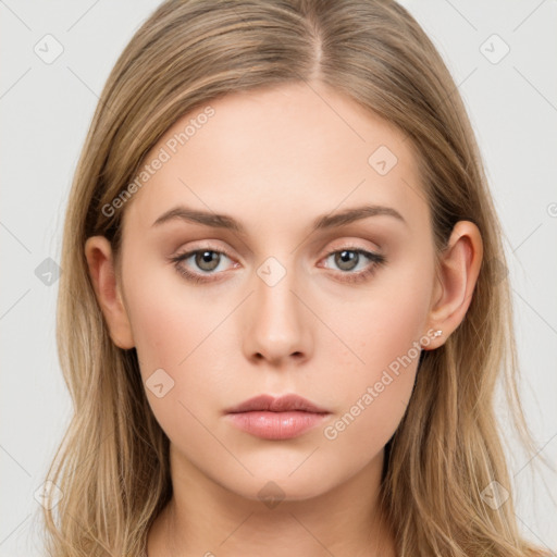 Neutral white young-adult female with long  brown hair and grey eyes