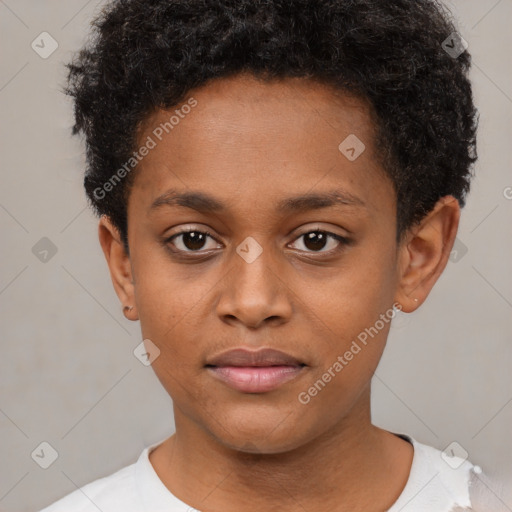 Neutral black young-adult female with short  brown hair and brown eyes