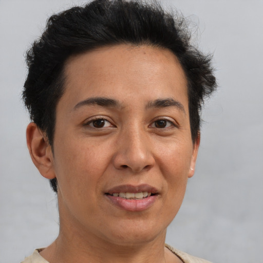 Joyful asian adult female with short  brown hair and brown eyes