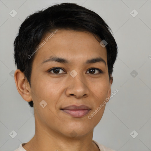 Joyful latino young-adult female with short  brown hair and brown eyes