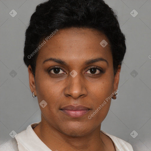 Neutral black young-adult female with short  black hair and brown eyes