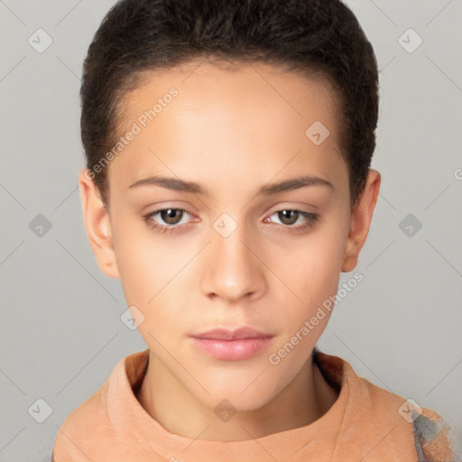 Neutral white young-adult female with short  brown hair and brown eyes