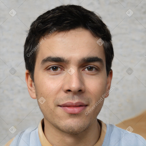 Neutral white young-adult male with short  black hair and brown eyes