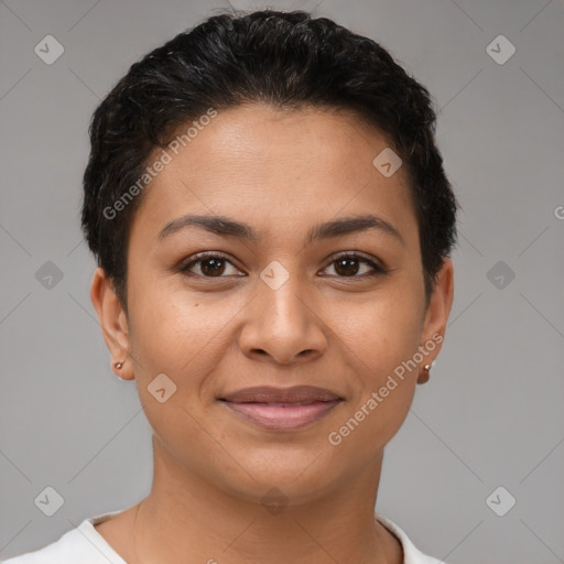 Joyful latino young-adult female with short  brown hair and brown eyes