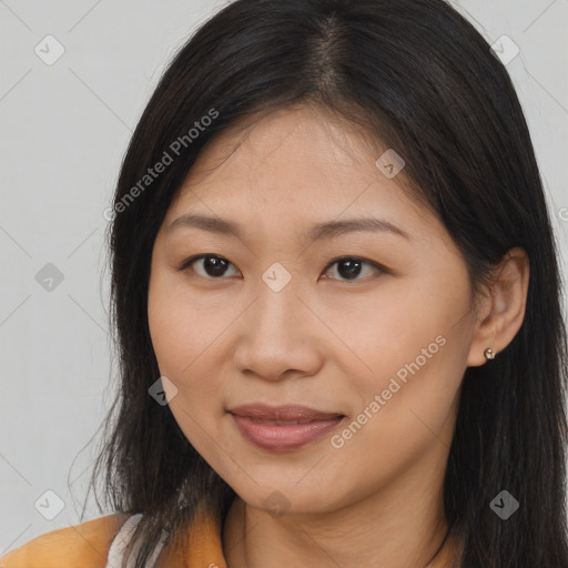 Joyful asian young-adult female with long  brown hair and brown eyes