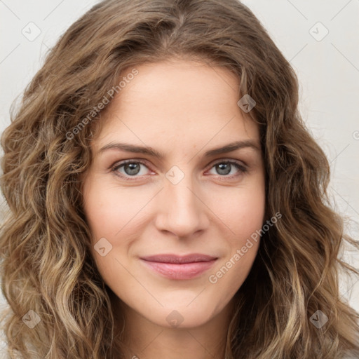 Joyful white young-adult female with long  brown hair and green eyes