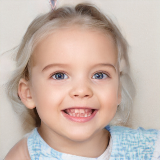 Joyful white child female with medium  brown hair and blue eyes