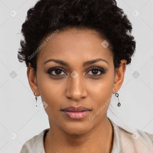 Neutral black young-adult female with short  black hair and brown eyes