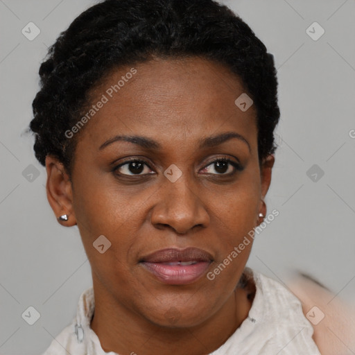 Joyful black adult female with short  brown hair and brown eyes