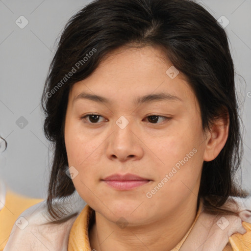 Joyful white young-adult female with medium  brown hair and brown eyes