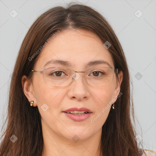 Joyful white adult female with long  brown hair and brown eyes