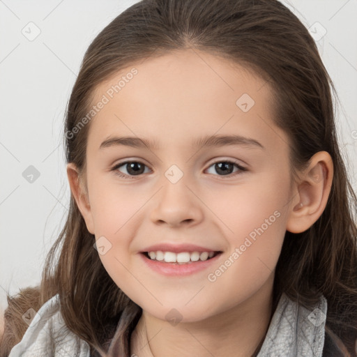 Joyful white child female with medium  brown hair and brown eyes