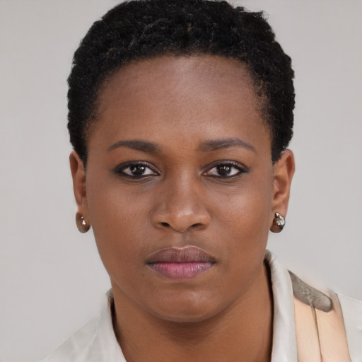Neutral black young-adult female with short  brown hair and brown eyes
