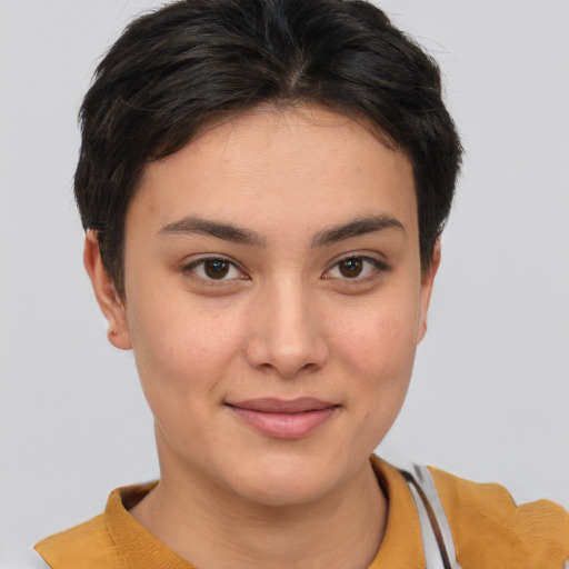 Joyful asian young-adult female with short  brown hair and brown eyes