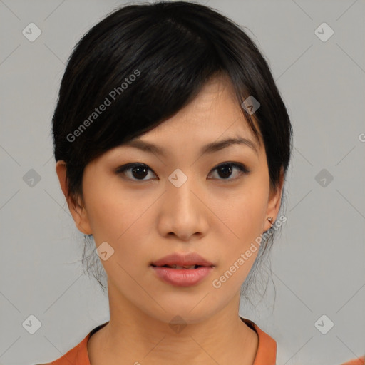 Neutral asian young-adult female with medium  black hair and brown eyes