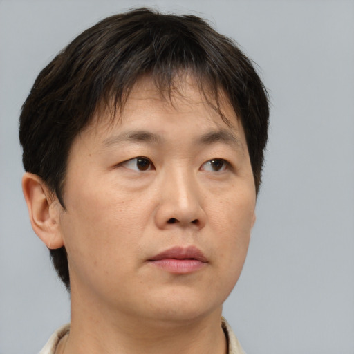 Neutral asian adult male with short  brown hair and brown eyes