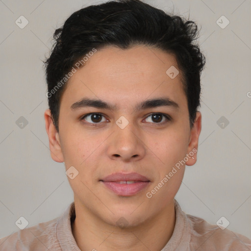 Joyful latino young-adult male with short  brown hair and brown eyes