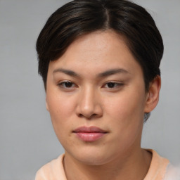 Neutral asian young-adult female with short  brown hair and brown eyes