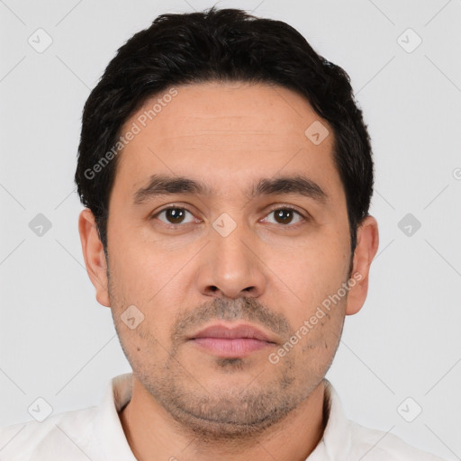 Neutral white young-adult male with short  black hair and brown eyes