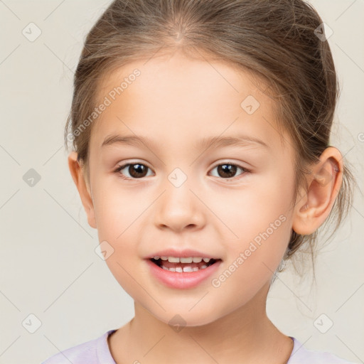 Joyful white child female with medium  brown hair and brown eyes