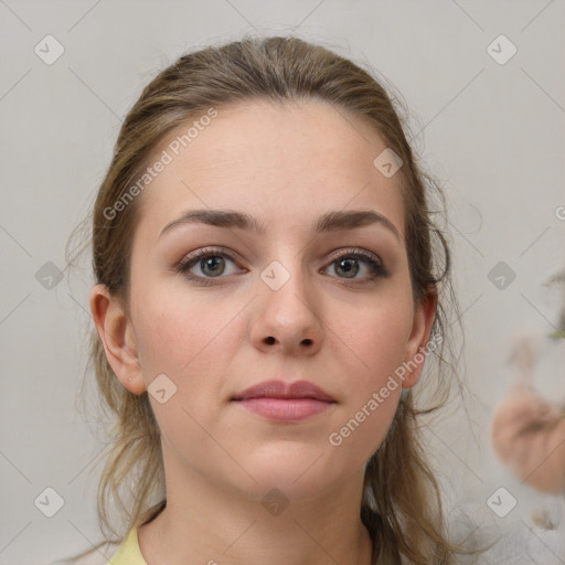 Neutral white young-adult female with medium  brown hair and grey eyes