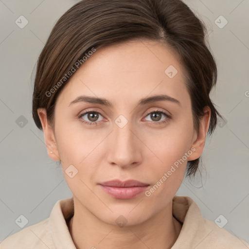 Neutral white young-adult female with medium  brown hair and brown eyes