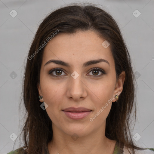 Joyful white young-adult female with medium  brown hair and brown eyes