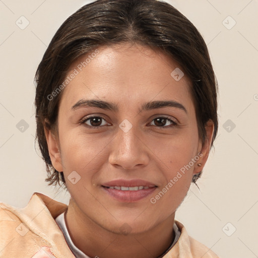 Joyful white young-adult female with medium  brown hair and brown eyes