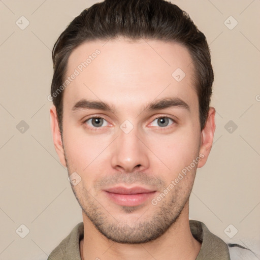 Neutral white young-adult male with short  brown hair and brown eyes