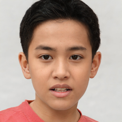 Joyful white child male with short  brown hair and brown eyes